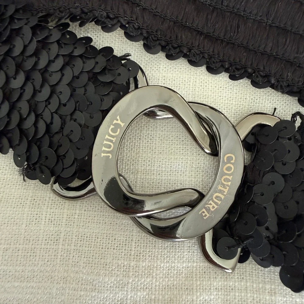 Juicy Couture Black Sequin Elastic Waist Belt Gunmetal Logo Buckle Y2K Glam